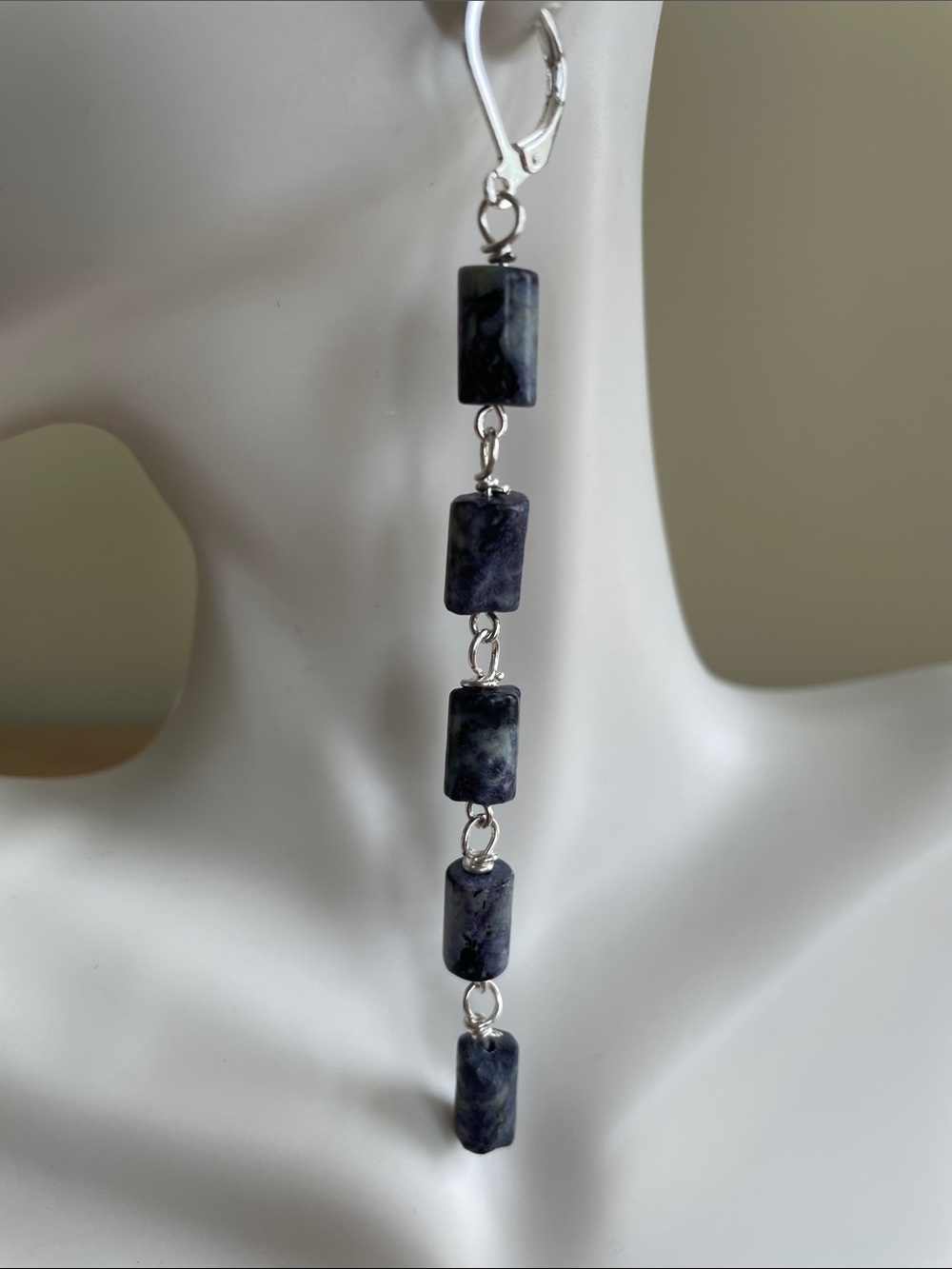 HAND CRAFTED NATURAL SODALITE STONE EARRINGS Long Linear Shoulder Dusters